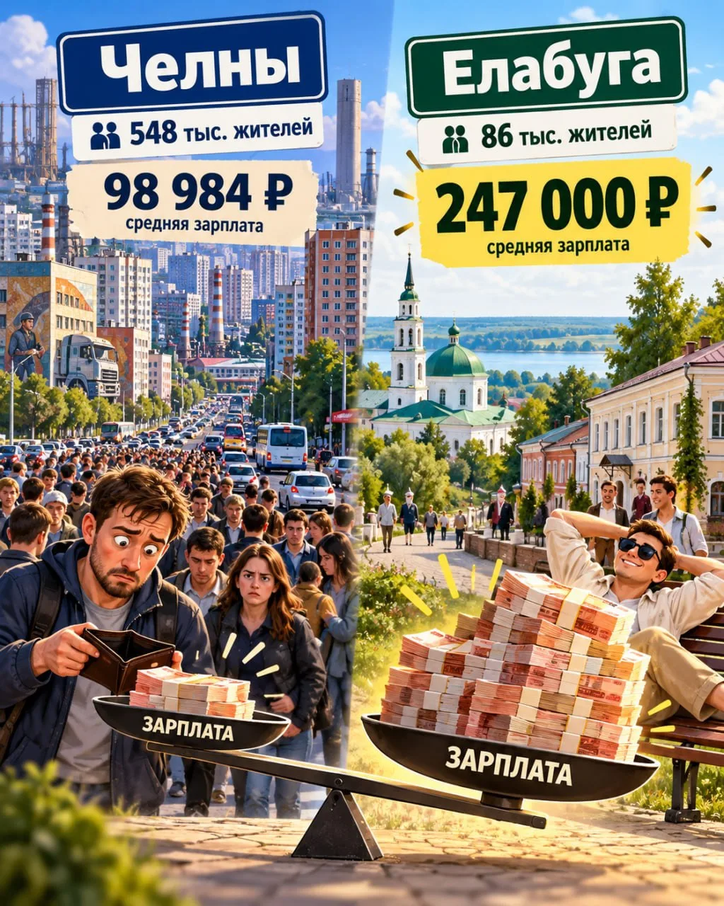 В Челнах жителей в шесть раз больше, чем в Елабуге. Зато зарплаты в два с половиной раз...