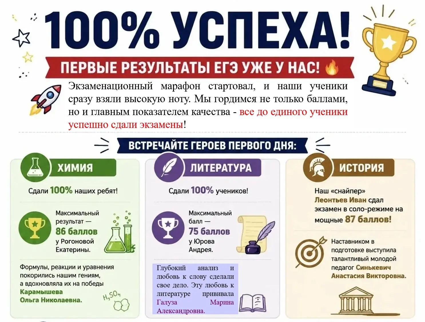 🔥100% УСПЕХА! Первые результаты ЕГЭ уже у нас! 🔥
 
Экзаменационный марафон стартовал, и наши учени