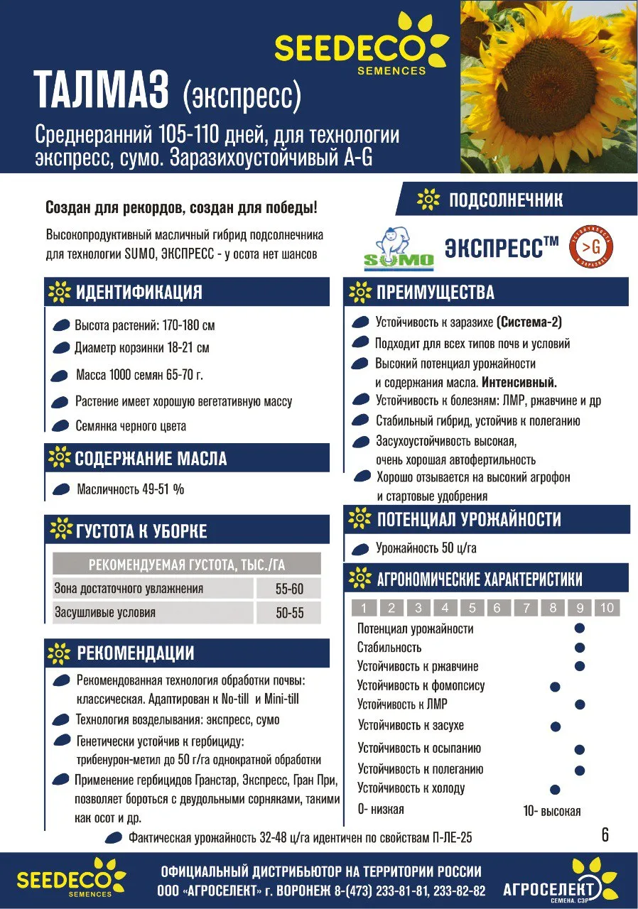 🌻 Представляем один из ключевых гибридов в линейке — ТАЛМАЗ (экспресс)
Гибрид нового поколения с си