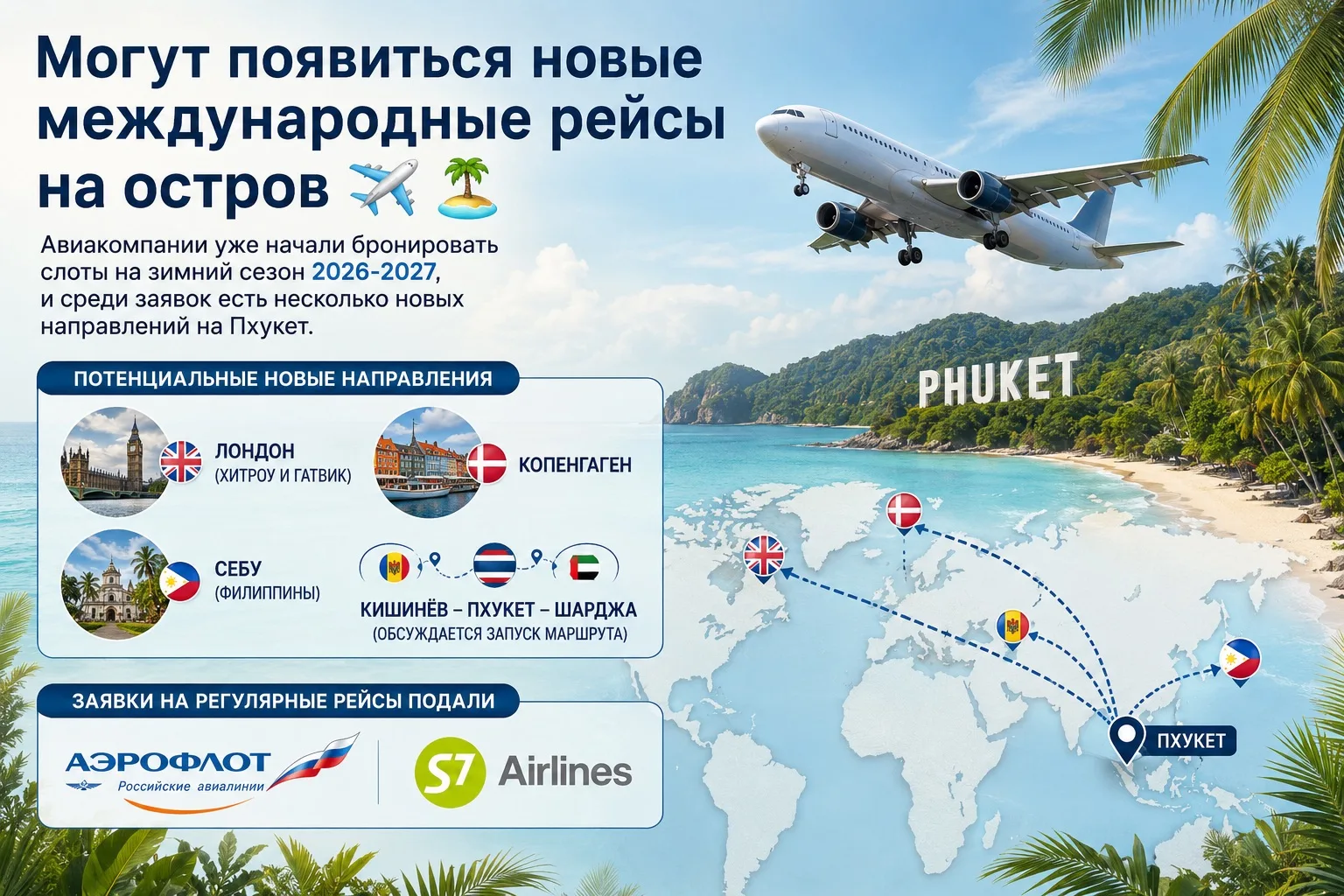 На Пхукет могут появиться новые международные рейсы ✈️ 

Авиакомпании уже начали бронировать слоты н