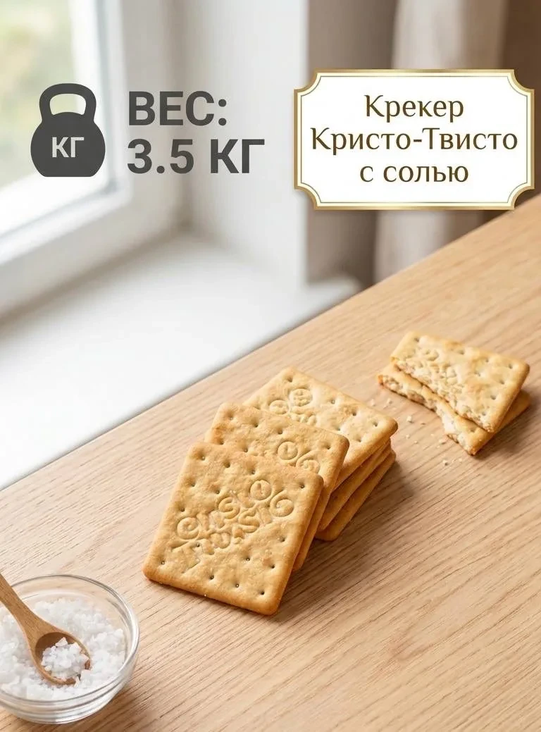 Крекер с солью Кристо Твисто (44-11)
— розница — 277 ₽/кг
— мелкий опт (упаковка 3,5 кг) — 255 ₽/кг