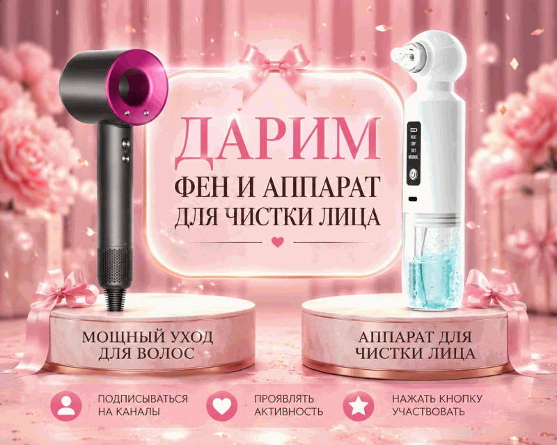 ДРУЗЬЯ, ХОТИМ ПОДАРИТЬ ВАМ «ФЕН ДЛЯ СУШКИ ВОЛОС И АППАРАТ ДЛЯ ЧИСТКИ ЛИЦА» ИЛИ ДЕНЕЖНЫЙ...