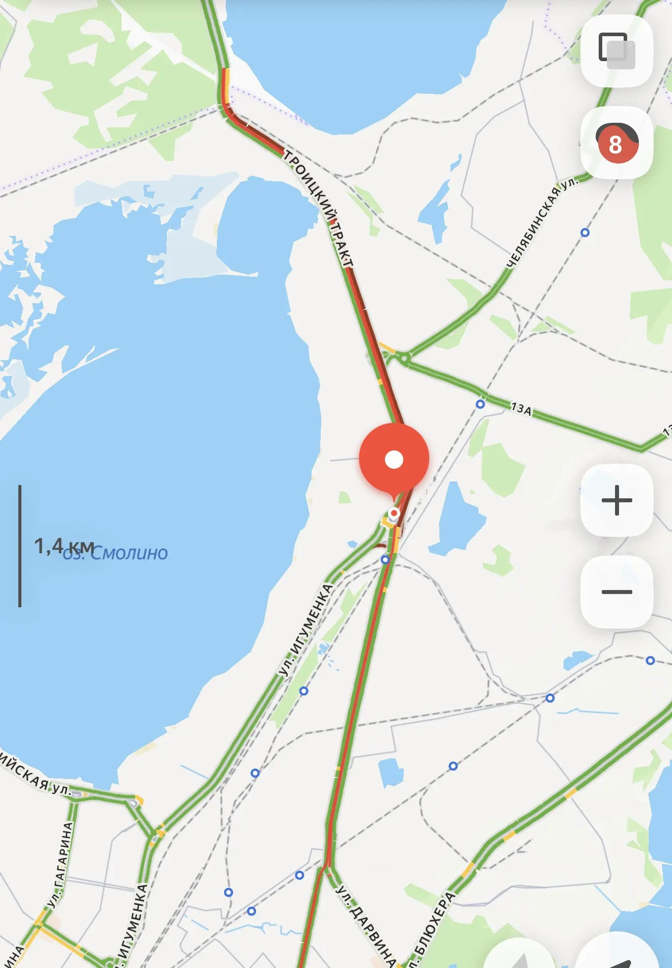 Тем временем в городе сохраняются 8-балльные пробки. Особенно тяжело на Троицком тракте