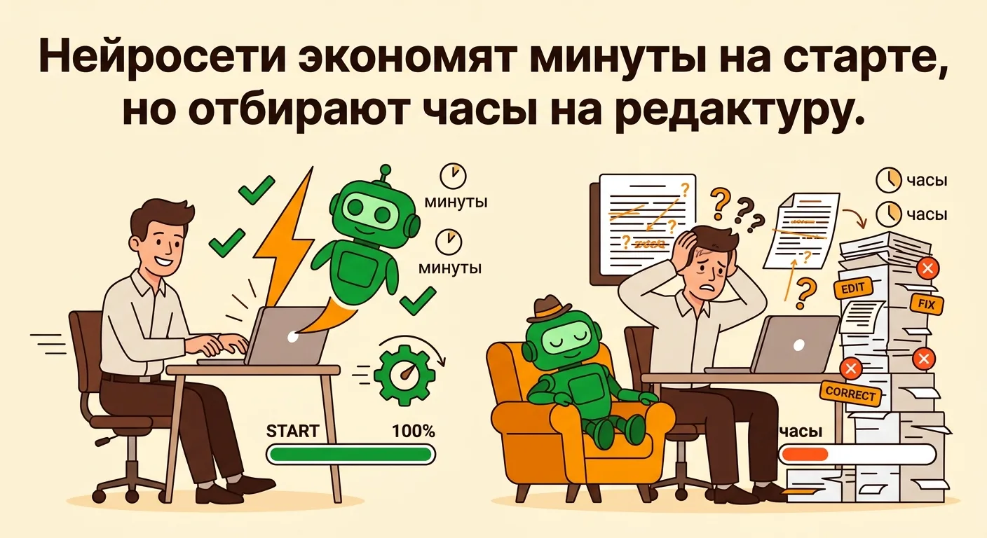 Нейросети экономят минуты на старте, но отбирают часы на редактуру.

В 2026 году возник феномен bots
