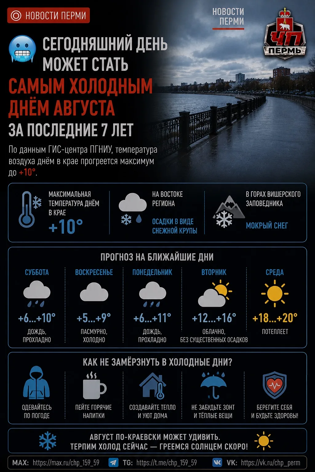 🥶 Сегодняшний день может стать самым холодным днём августа за последние 7 лет