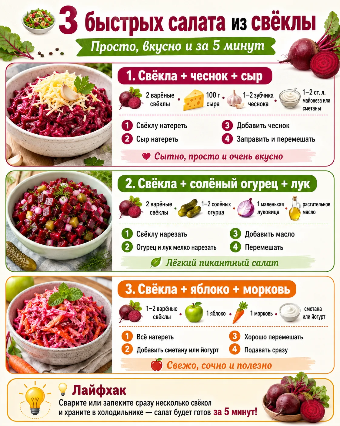 🥗❤️ 3 быстрых салата из свёклы — просто, вкусно и без лишней суеты! 😍✨

Свёкла — настоящая палочка