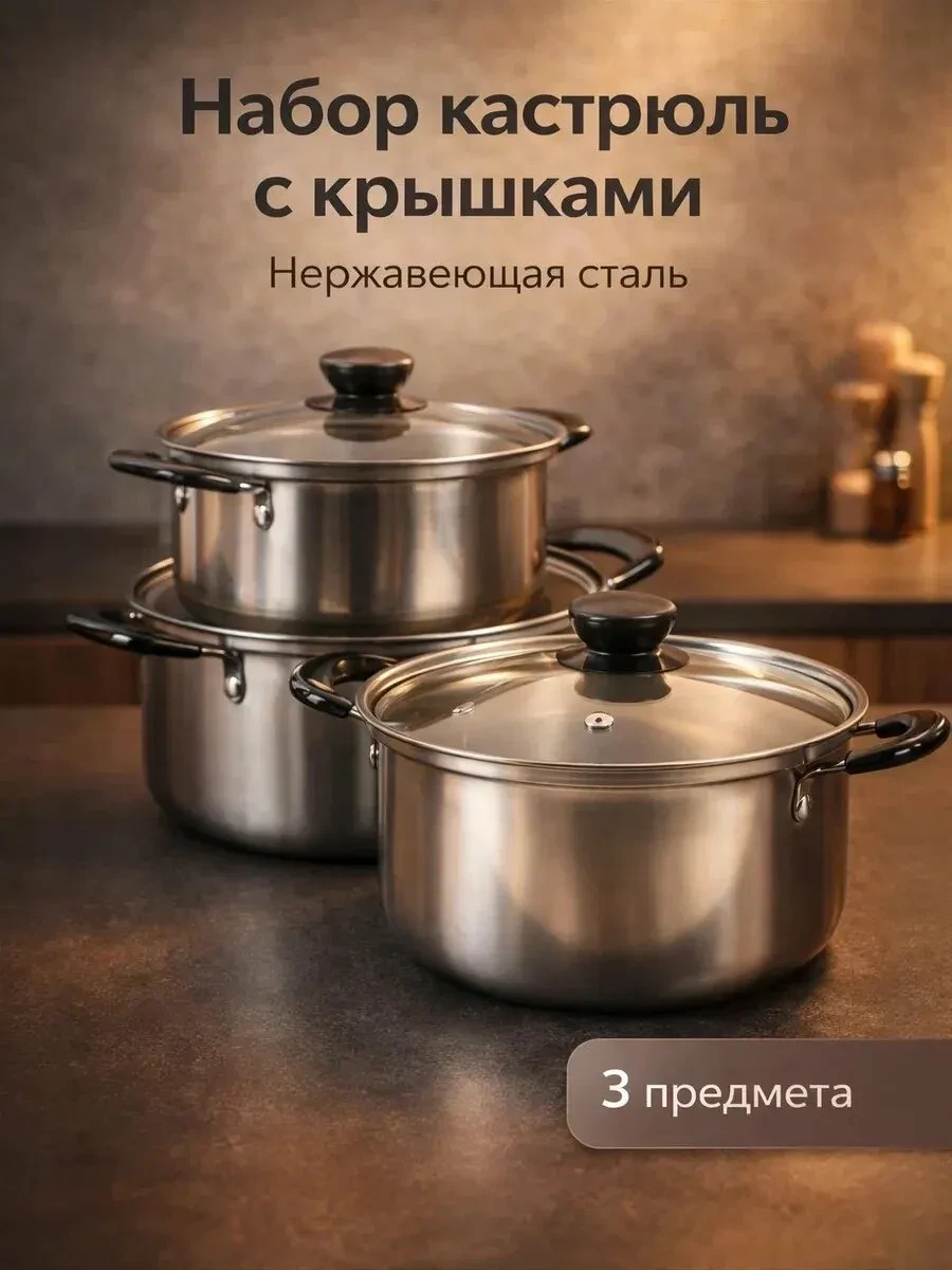 Набор кастрюль из нержавеющей стали, 3 предмета: кастрюли 1 л, 1,4 л, 1,8 л, d=15/17/18...