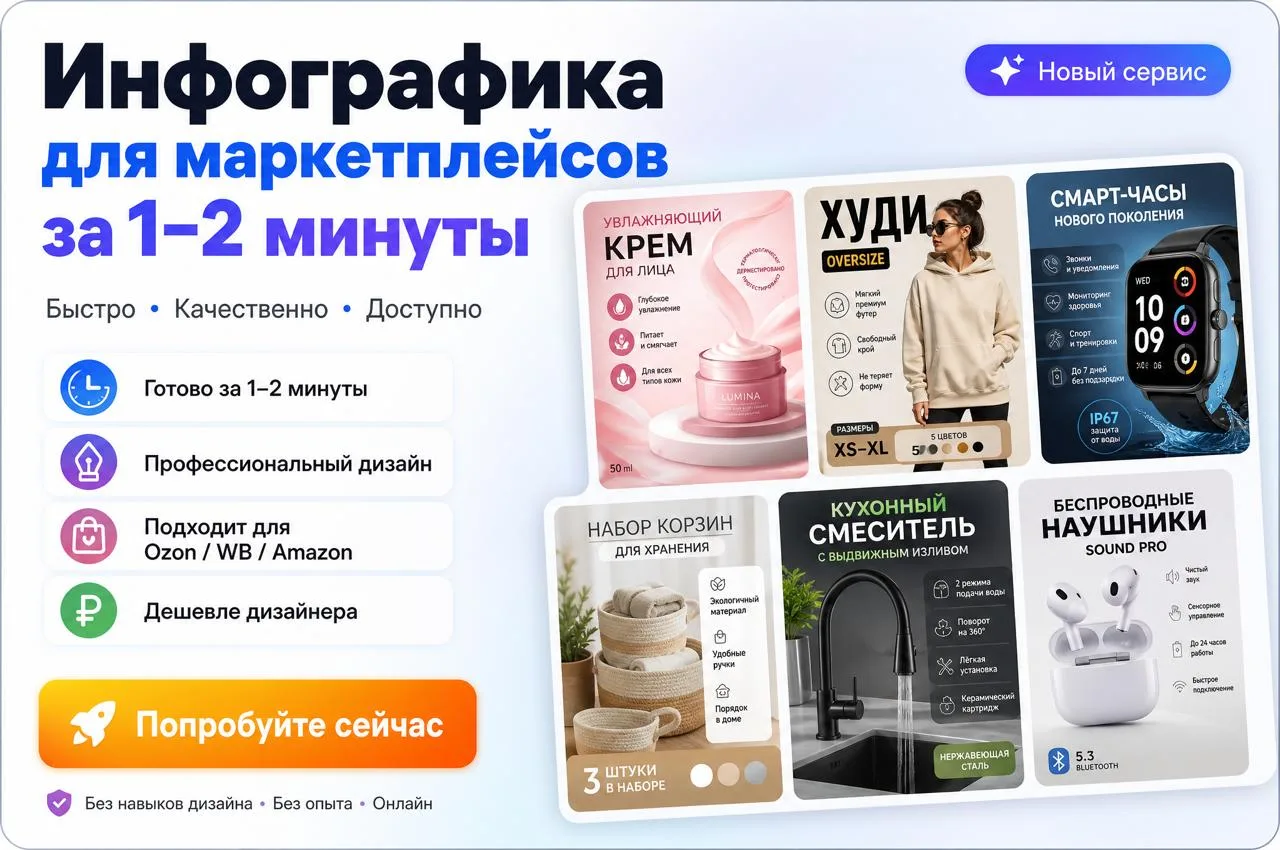 AI-дизайн карточки товара для Ozon/WB/Я.Маркет @InfoSellTGBot
2 модели генерации на выбор!

ВСЁ ДЛЯ 