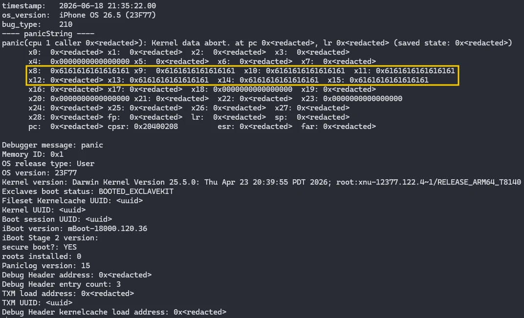 Ещё одна уязвимость в iOS 26.5 с явным и воспроизводимым сбоем, контролем регистров, примитивом и по