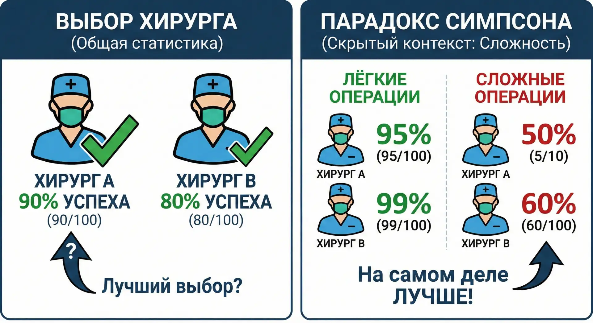 📊 Парадокс Симпсона: Как статистика обманывает ваш мозг  Представьте ситуацию: вы выбираете хирурга.