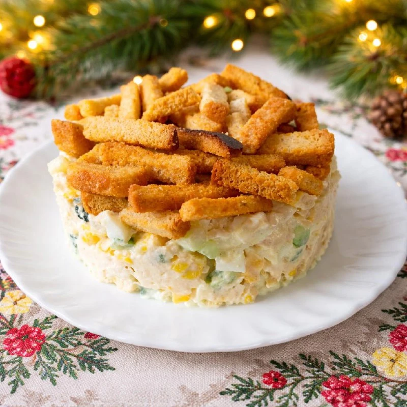 СОЧНЫЙ САЛАТ С КУРИНОЙ ГРУДКОЙ И ХРУСТЯЩИМИ СУХАРИКАМИ — МЯГКОЕ МЯСО, СВЕЖИЕ ОГУРЦЫ, НЕ...