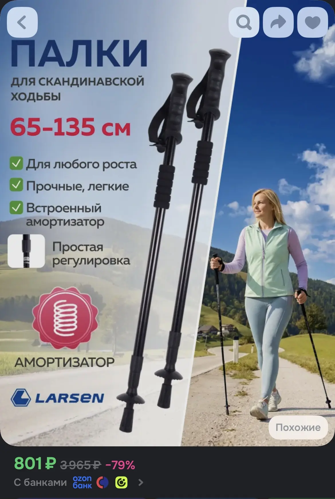 Палки для скандинавской ходьбы Larsen Gtour, 65-135 см черный 2 штуки