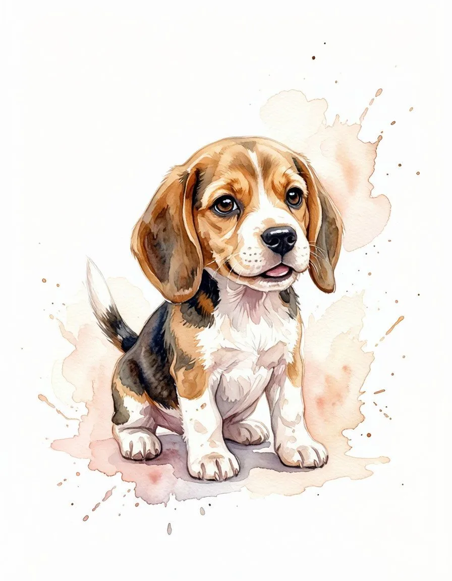 Watercolor painting of a playful beagle puppy doing a squat exercise, soft brush strokes, splashes o