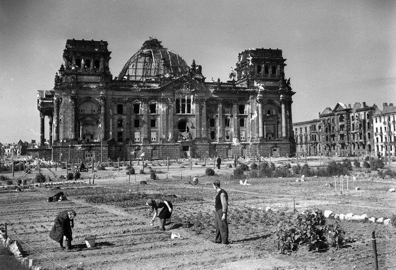 Нeмцы сажают овощи пeред здaнием рейхстага, 1946 год.
