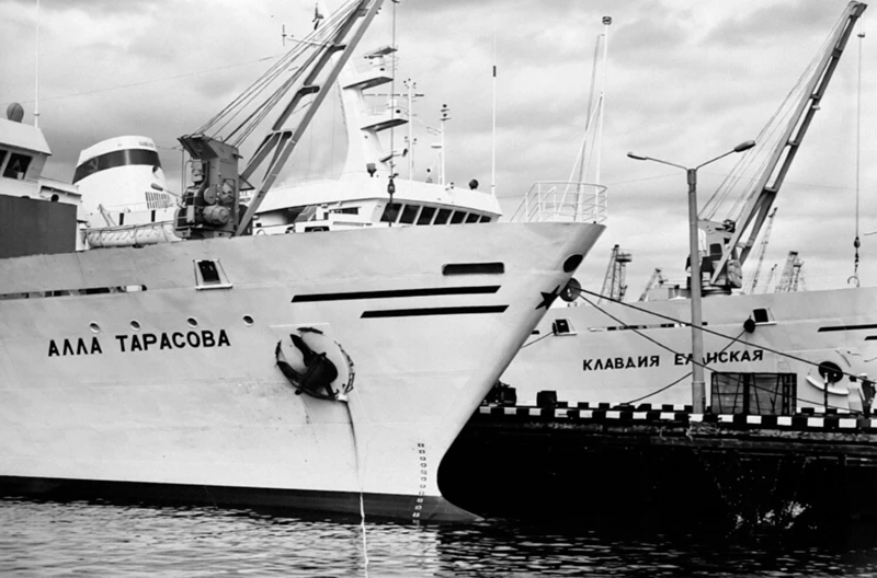 1970-е годы. Теплоходы «Алла Тарасова» и «Клавдия Еланская» у причала морского вокзала....