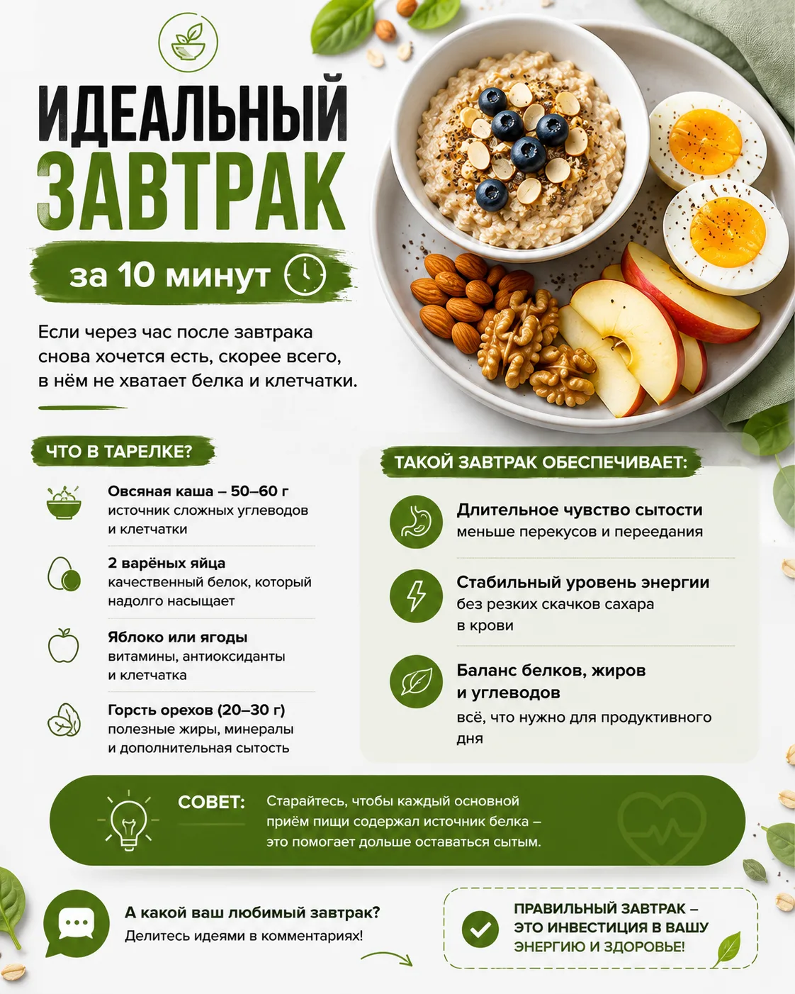 Многие люди завтракают бутербродом или сладкой булочкой, а уже через час снова чувствую...