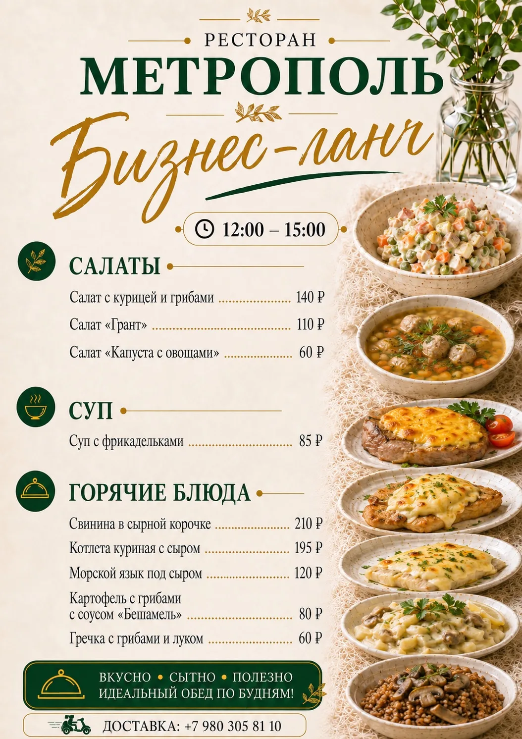 С 12:00 до 15:00 — вкусные, сытные и домашние блюда по приятным ценам.
Идеально, чтобы сделать паузу