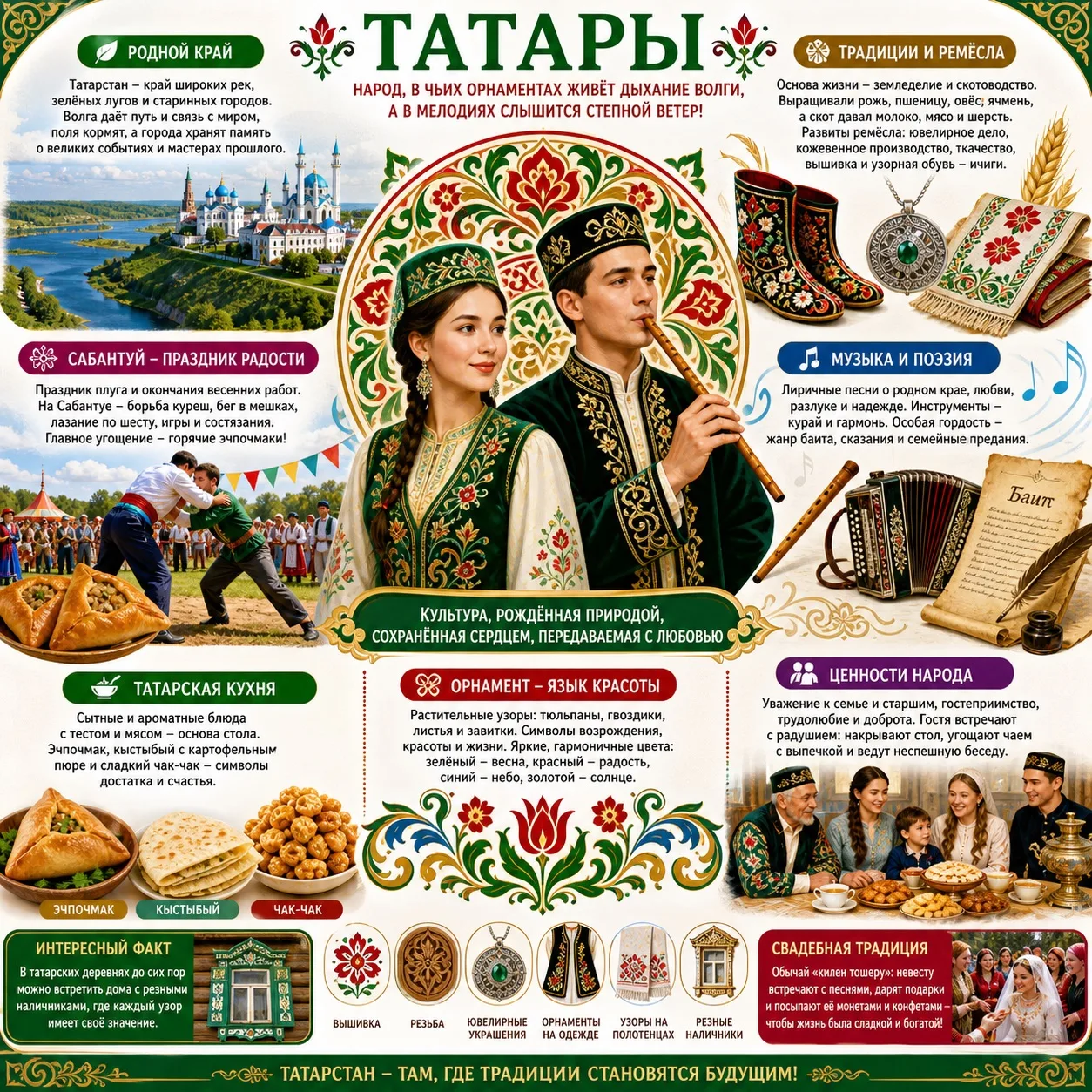 В рубрике «Узоры единства» — татары: народ, в чьих орнаментах живёт дыхание Волги, а в ...