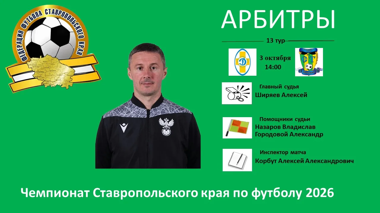 Назначения арбитров и инспекторов на перенесённые матчи Чемпионата Ставропольского края...