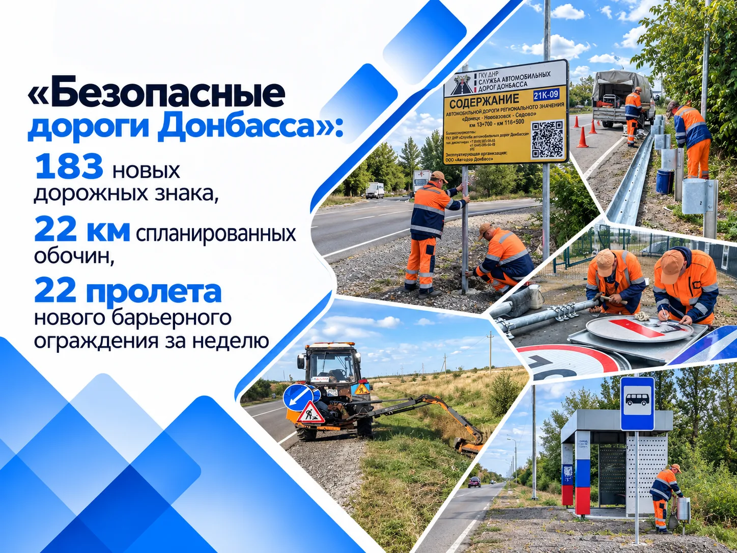 🔵Безопасные дороги Донбасса: 183 новых дорожных знака, 22 км спланированных обочин, 22...