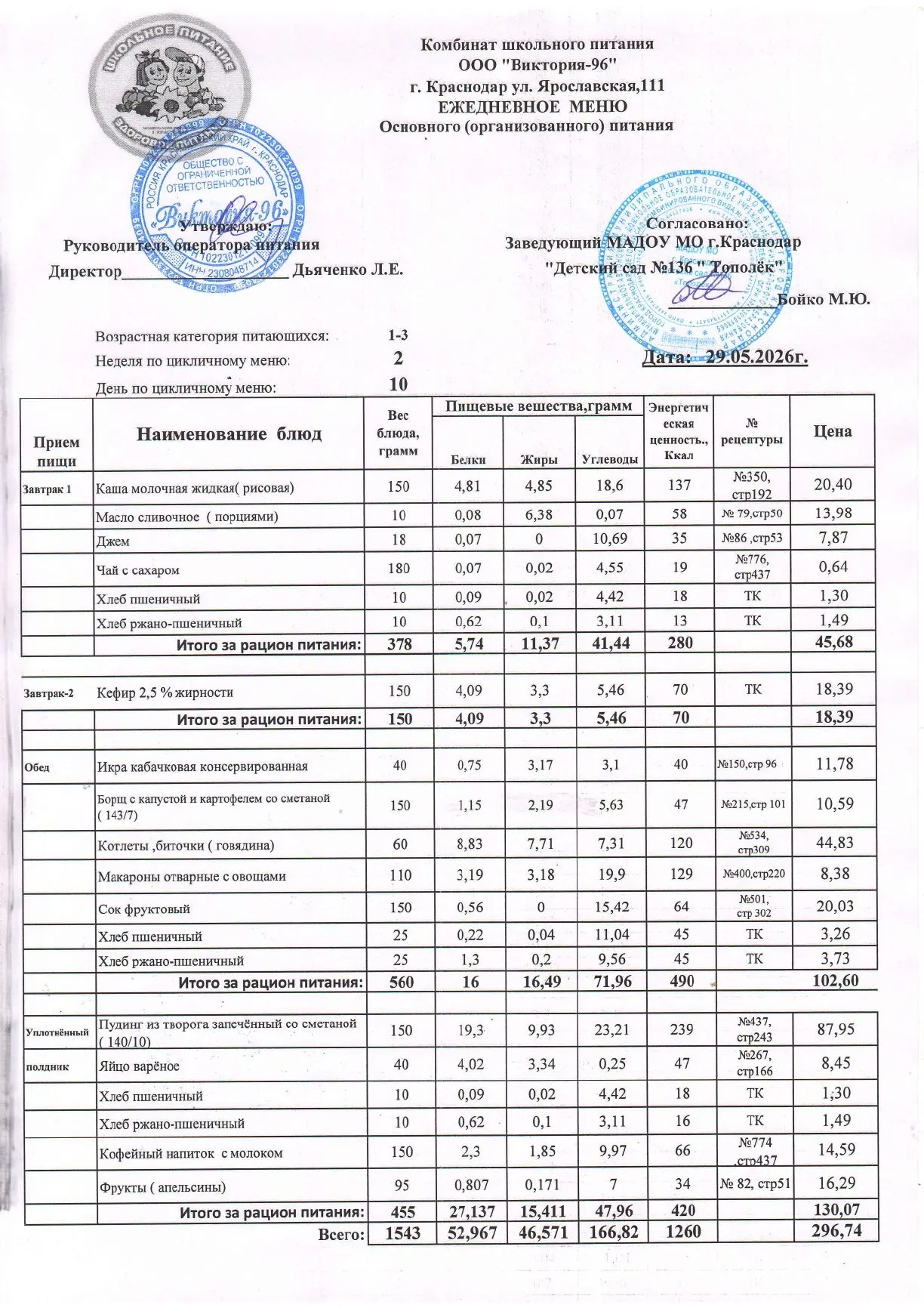 Меню на 29.05.2026 год