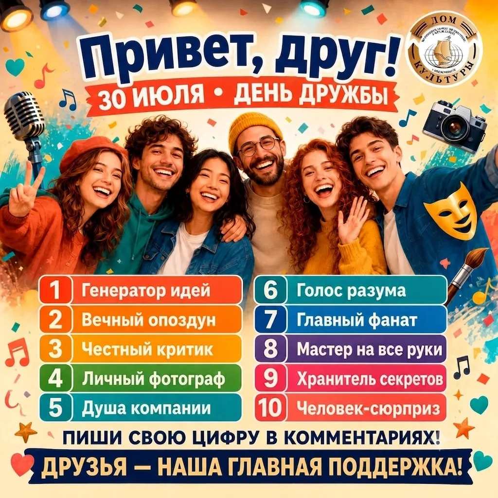 ПРИВЕТ, ДРУГ!

Сегодня, 30 июля, весь мир отмечает День дружбы. Для нашего Дома культуры это особенн