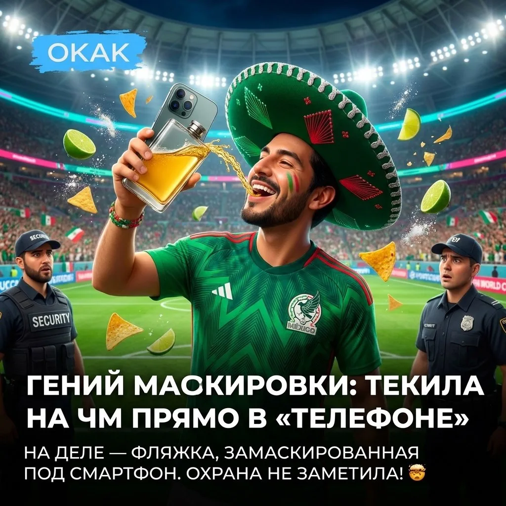 🍸 Гений маскировки: мексиканский фан пронёс текилу на ЧМ — прямо в «телефоне».

На деле — фляжка, з