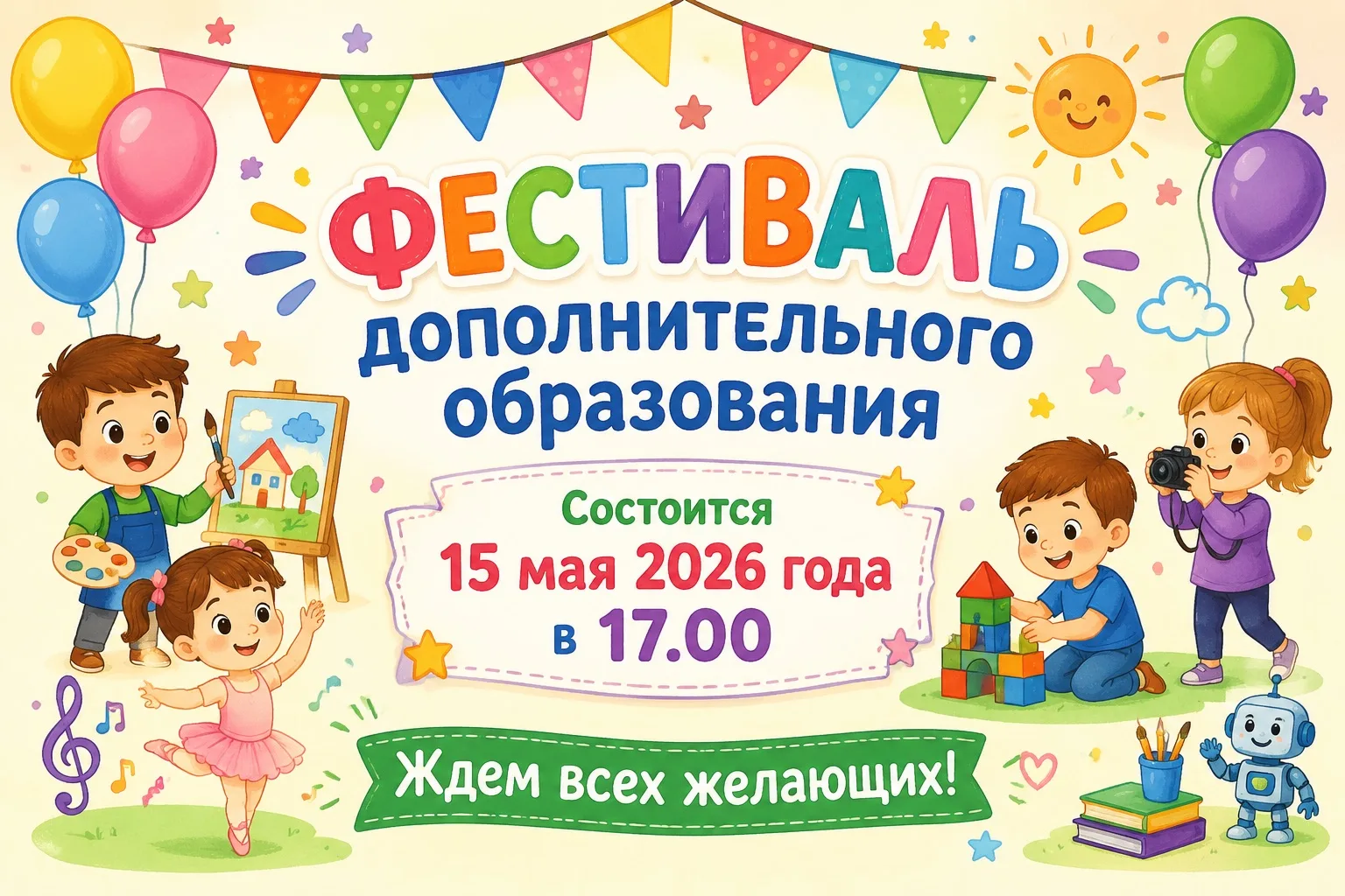 🎉 Фестиваль дополнительного образования в нашем саду! 🎉
📅 Дата: 15 мая (пятница).
⏰ Время: 17:00.