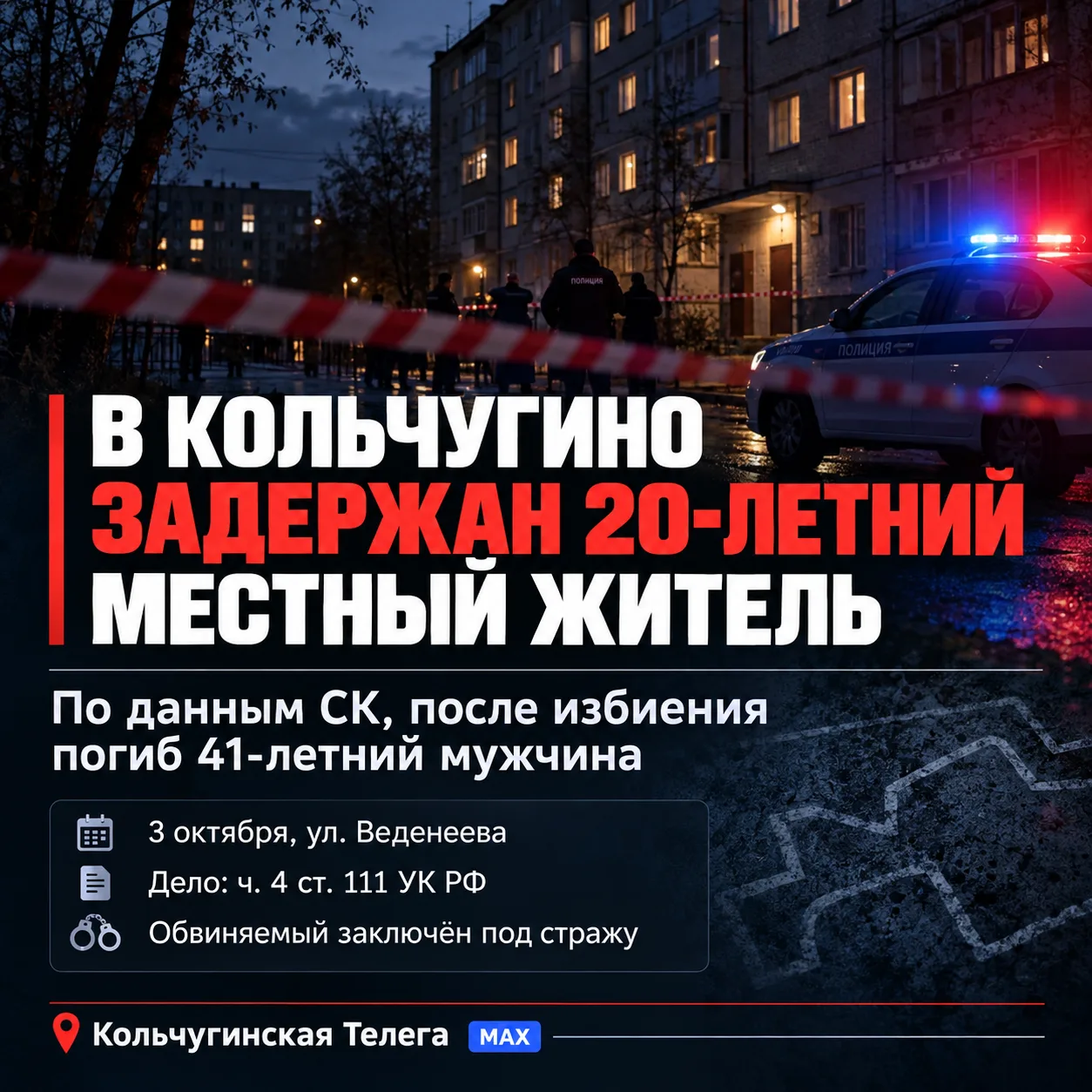 В Кольчугино задержан 20-летний местный житель — после избиения погиб мужчина