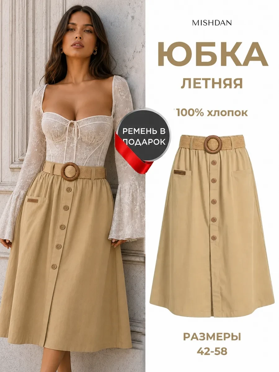 ⚡️ Юбка трапеция миди летняя на резинке, MISHDAN
