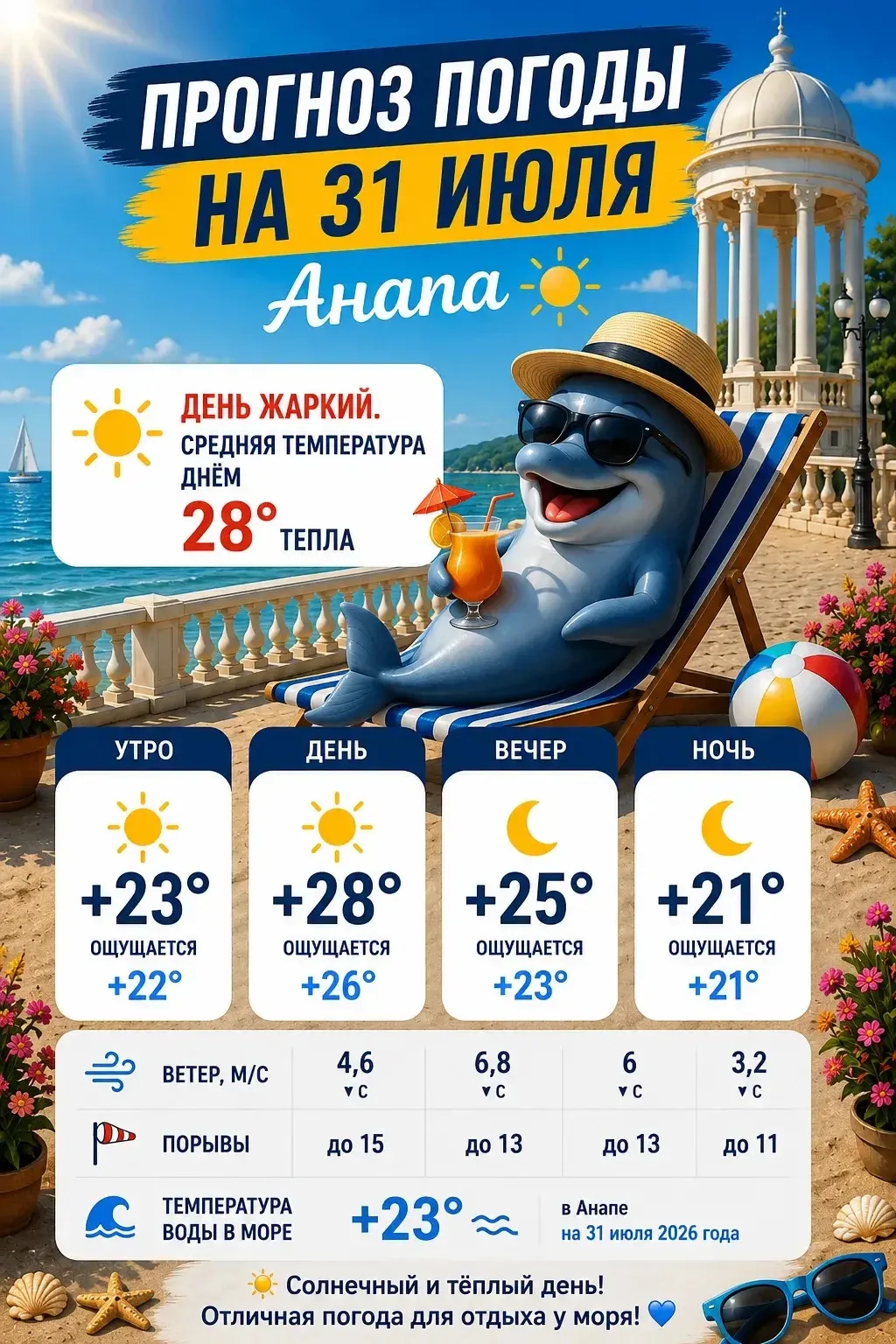 ☀️ Погода в Анапе на 31 июля

Жаркий летний день: днём до +28°C, вечером +25°C
Температура моря — ок