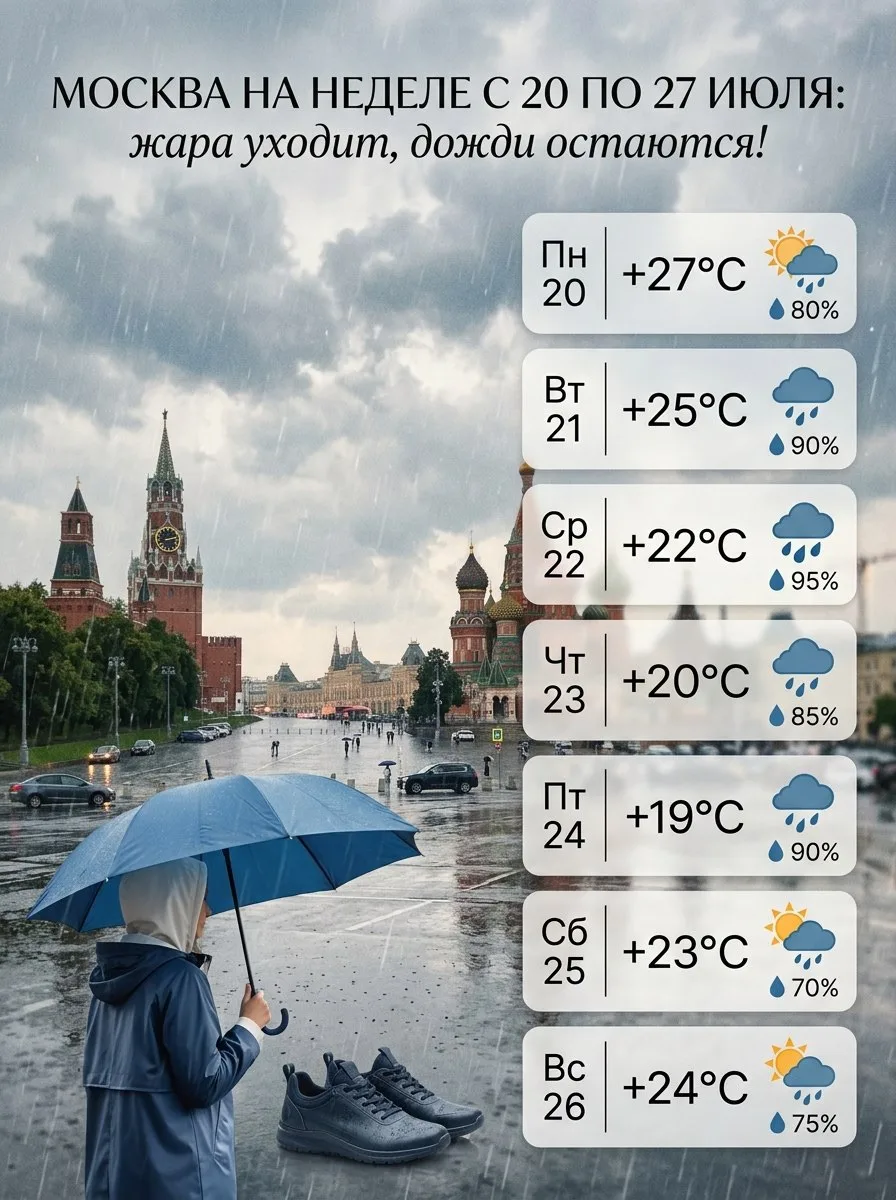 🌧️ Москва на неделе с 20 по 27 июля: жара уходит, дожди остаются! ☀️
