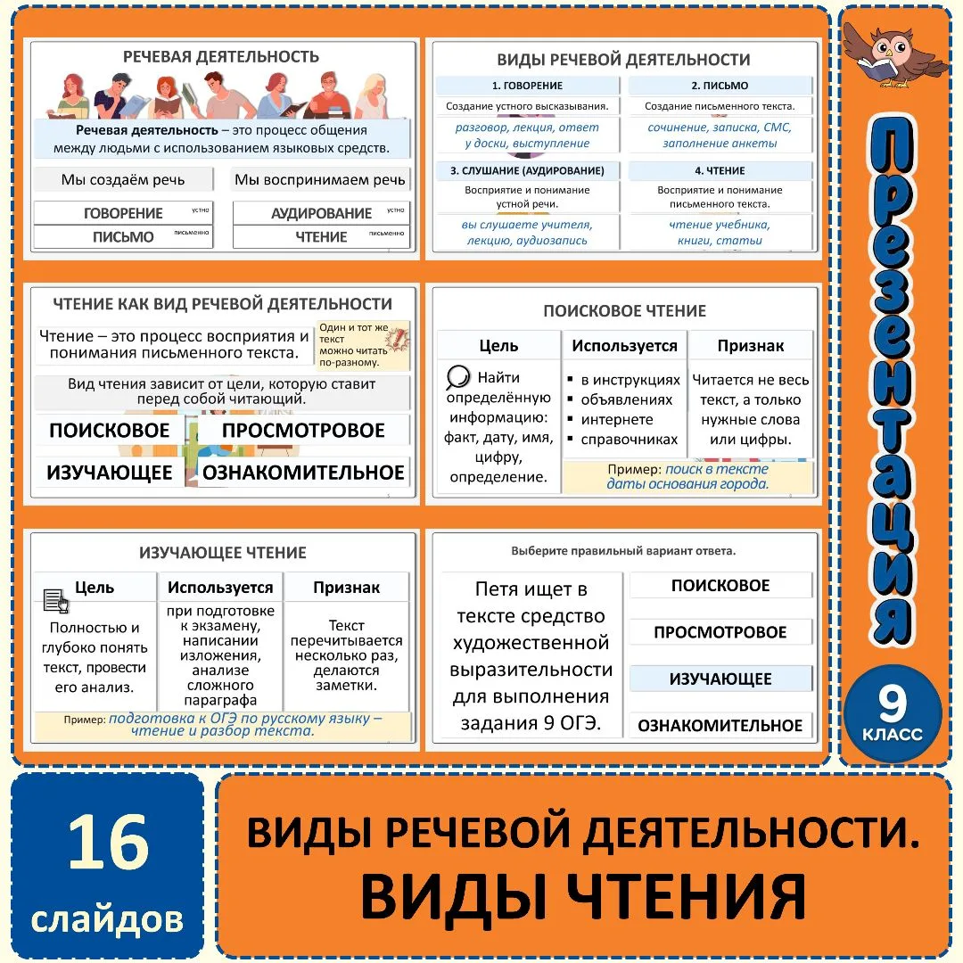 «Виды речевой деятельности. Виды чтения», 9 класс