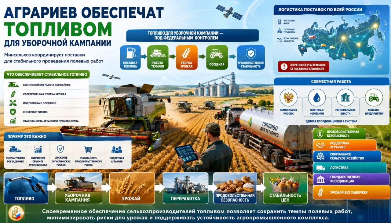 Российских аграриев обеспечат топливом для уборочной кампании и будущего сева, заявила министр сельс
