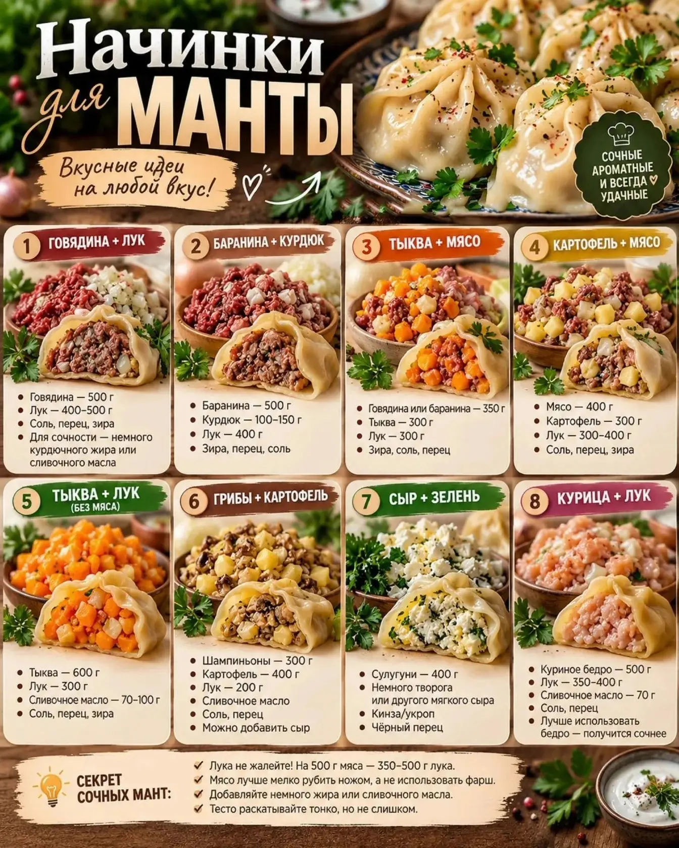 НАЧИНКИ ДЛЯ МАНТОВ — 8 вкусных вариантов