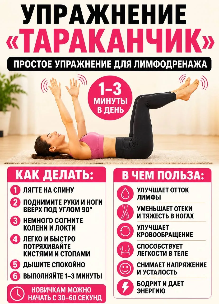 Лимфодренажное упражнение «Тараканчик» — одно из самых простых упражнений, которое помогает мягко ак