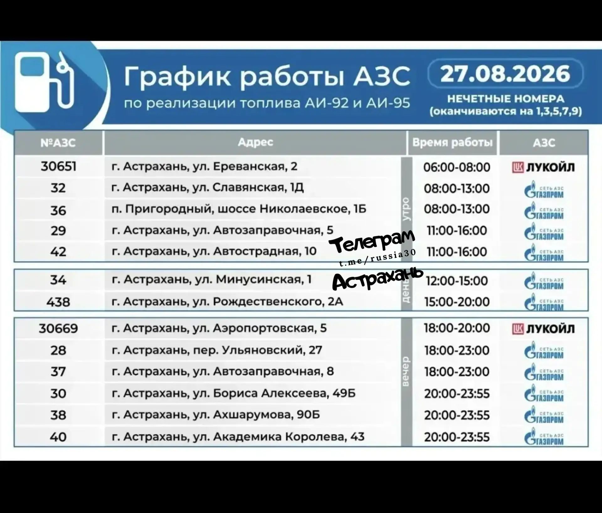 ⛽График работы АЗС на 27 августа в Астраханской области, - пишут в главном водительском...