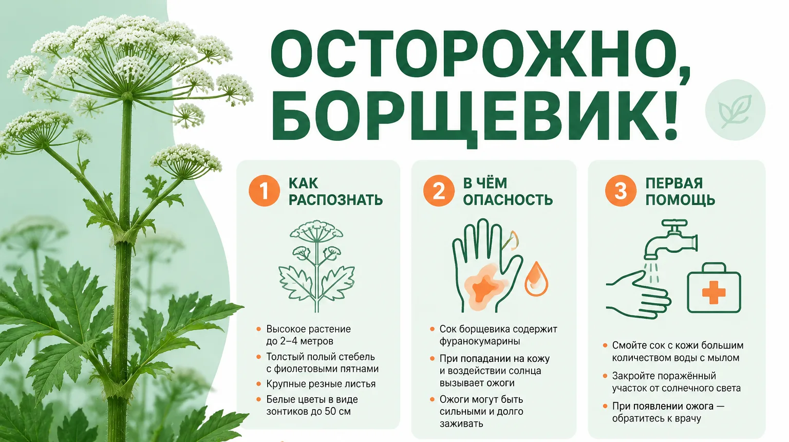 ❗Осторожно, борщевик! 
С наступлением теплого времени года на полях, вдоль дорог и возле водоемов вс