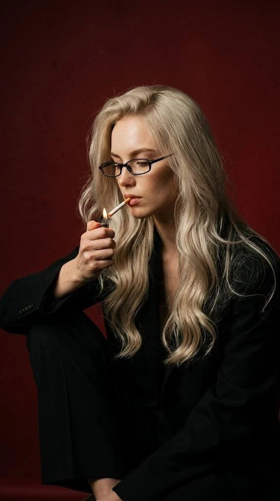 Дымный стиль 🖤  Кинематографический близкий портрет девушки с добавлением зерна на фоне  темно красн