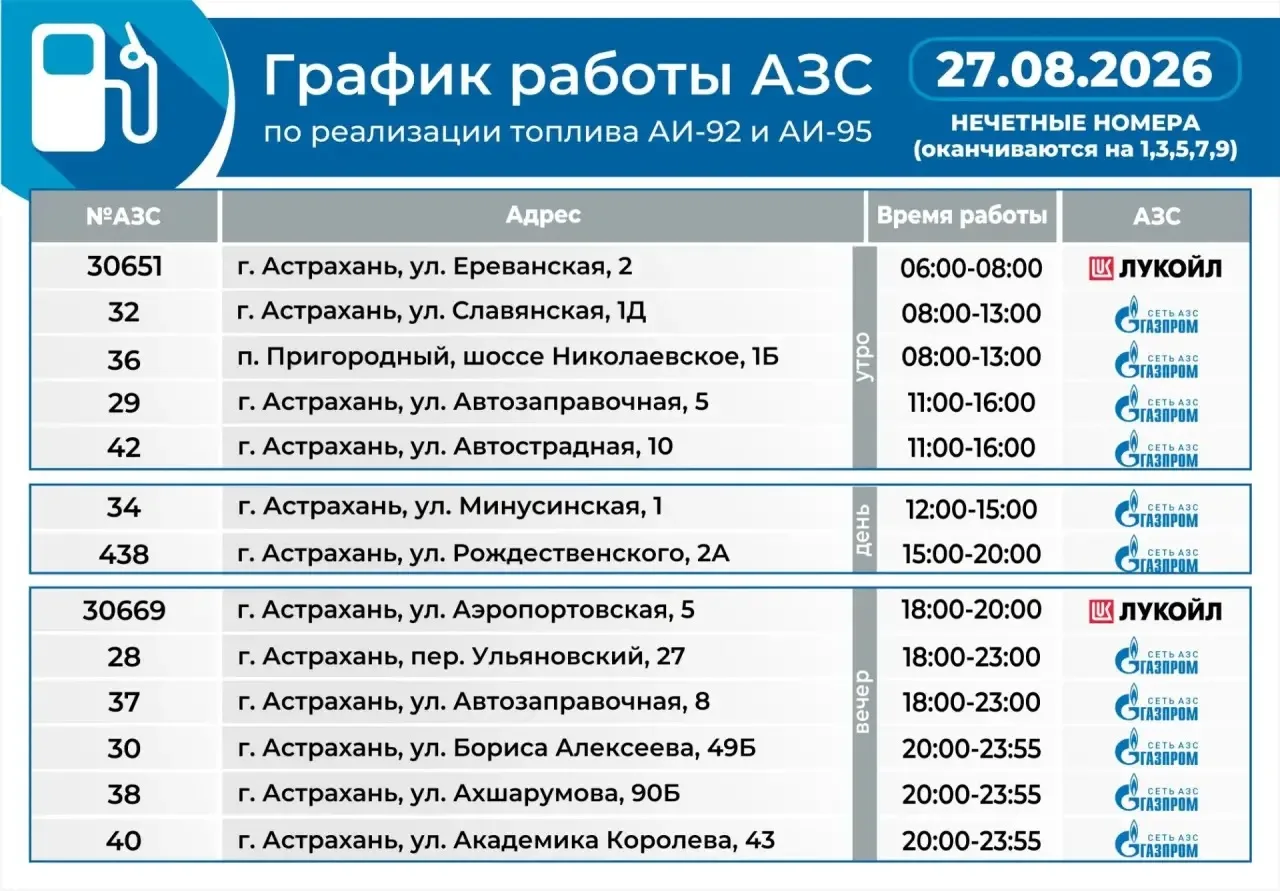 График работы АЗС на 27 августа.