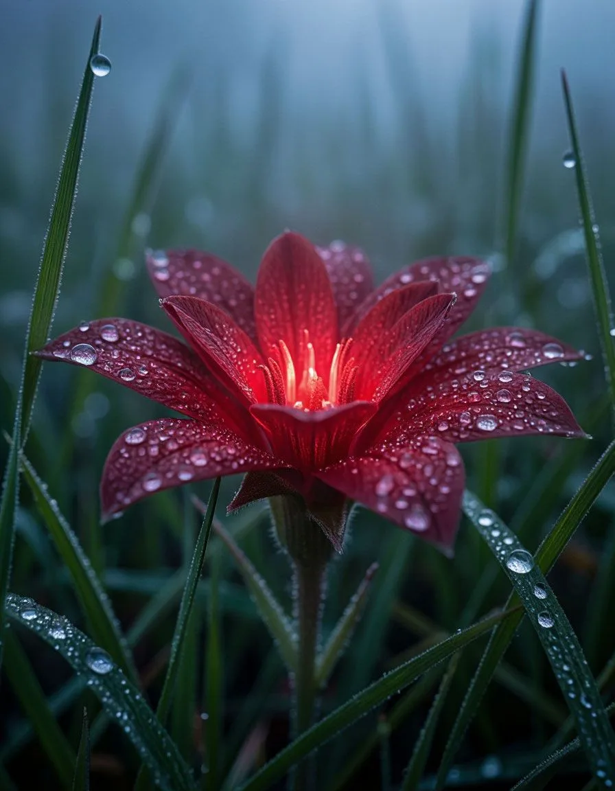 Close-up, unknown botanical species, alien-looking flower, wet grass with dew drops. The flower is p