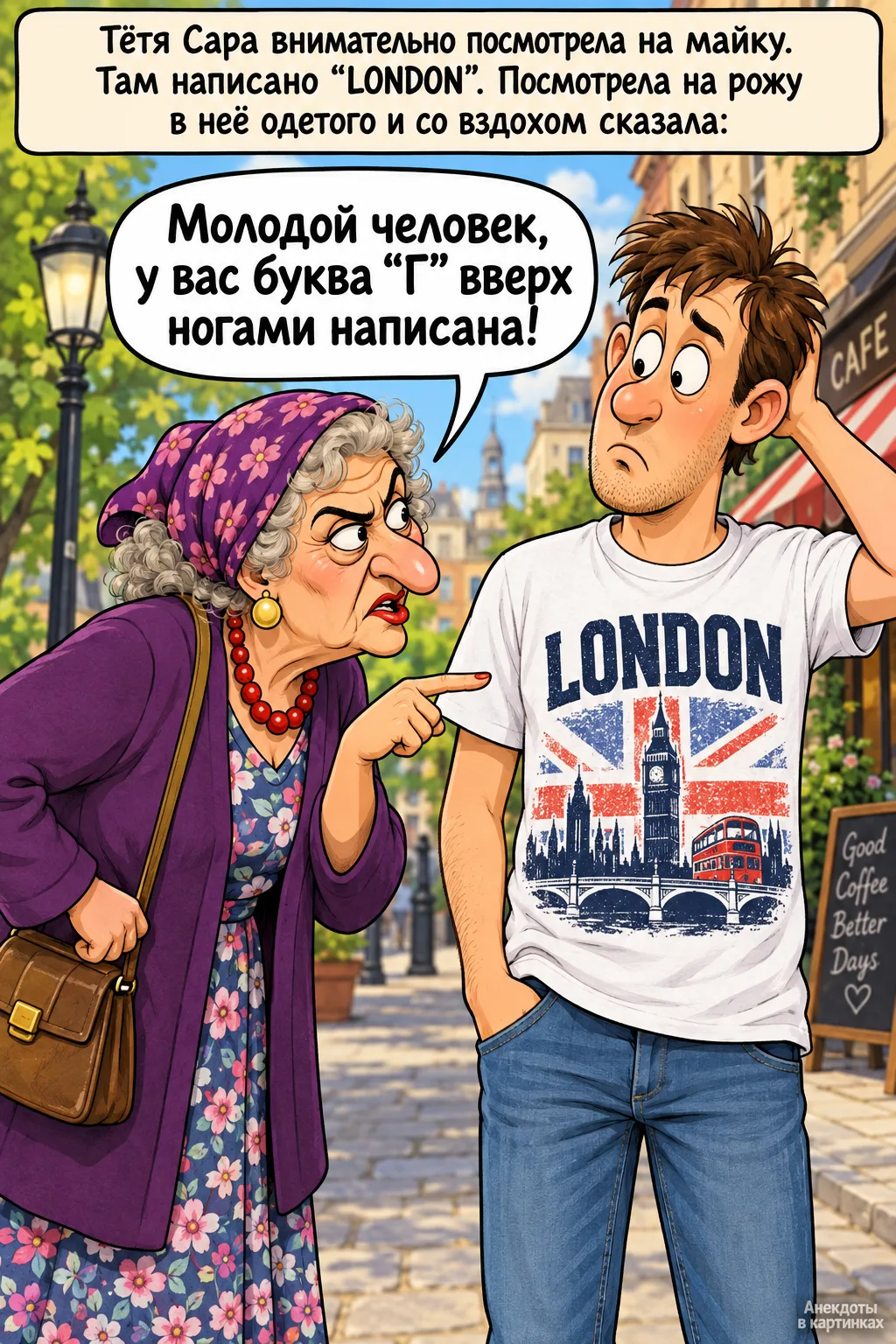 Тётя Сара внимательно посмотрела на майку. Там написано «LONDON». Посмотрела на рожу в ...