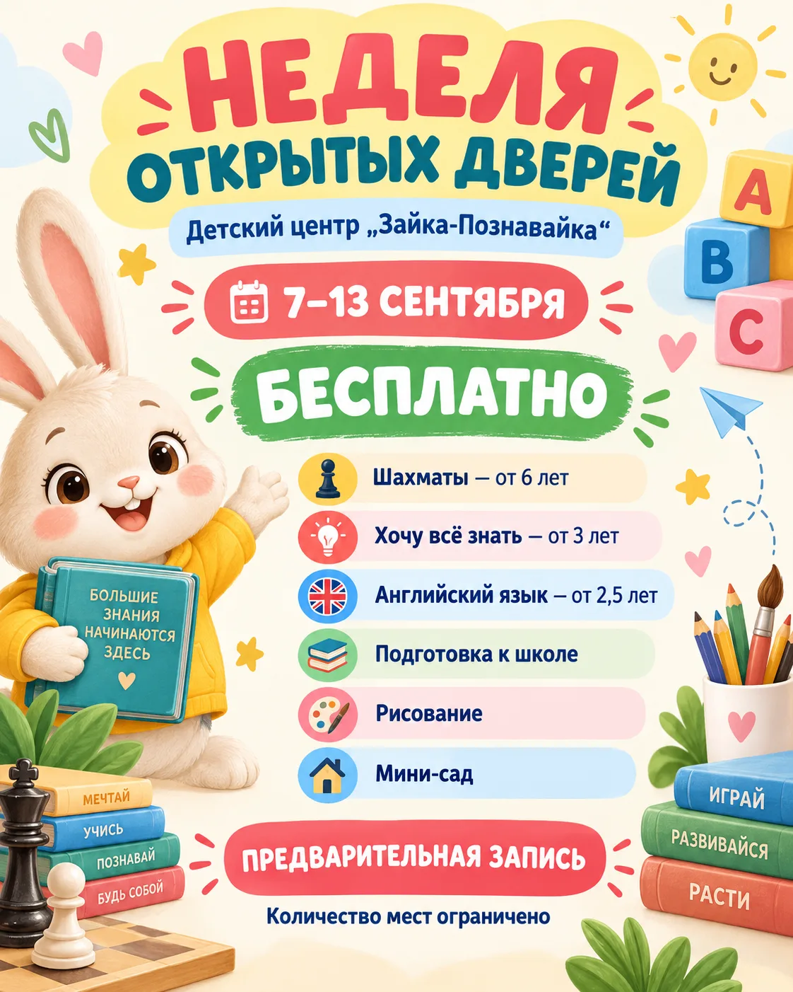 🎉 НЕДЕЛЯ ОТКРЫТЫХ ДВЕРЕЙ 🎉С 7 по 13 сентября детский центр «Зайка-Познавайка» приглаш...