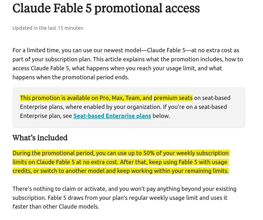 Claude Fable 5 получает недельный пробный доступ для подписчиков, но с жёстким лимитом в 50%.

Польз