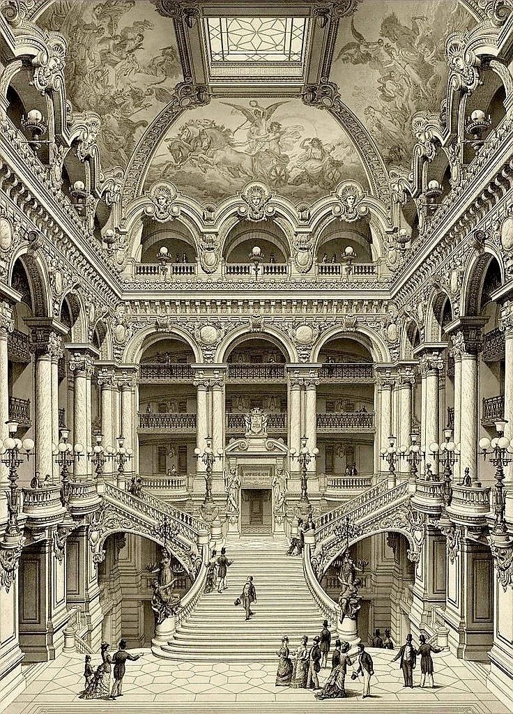 Главная парадная лестница (Grand Escalier d'Honneur) знаменитого оперного театра Опера ...