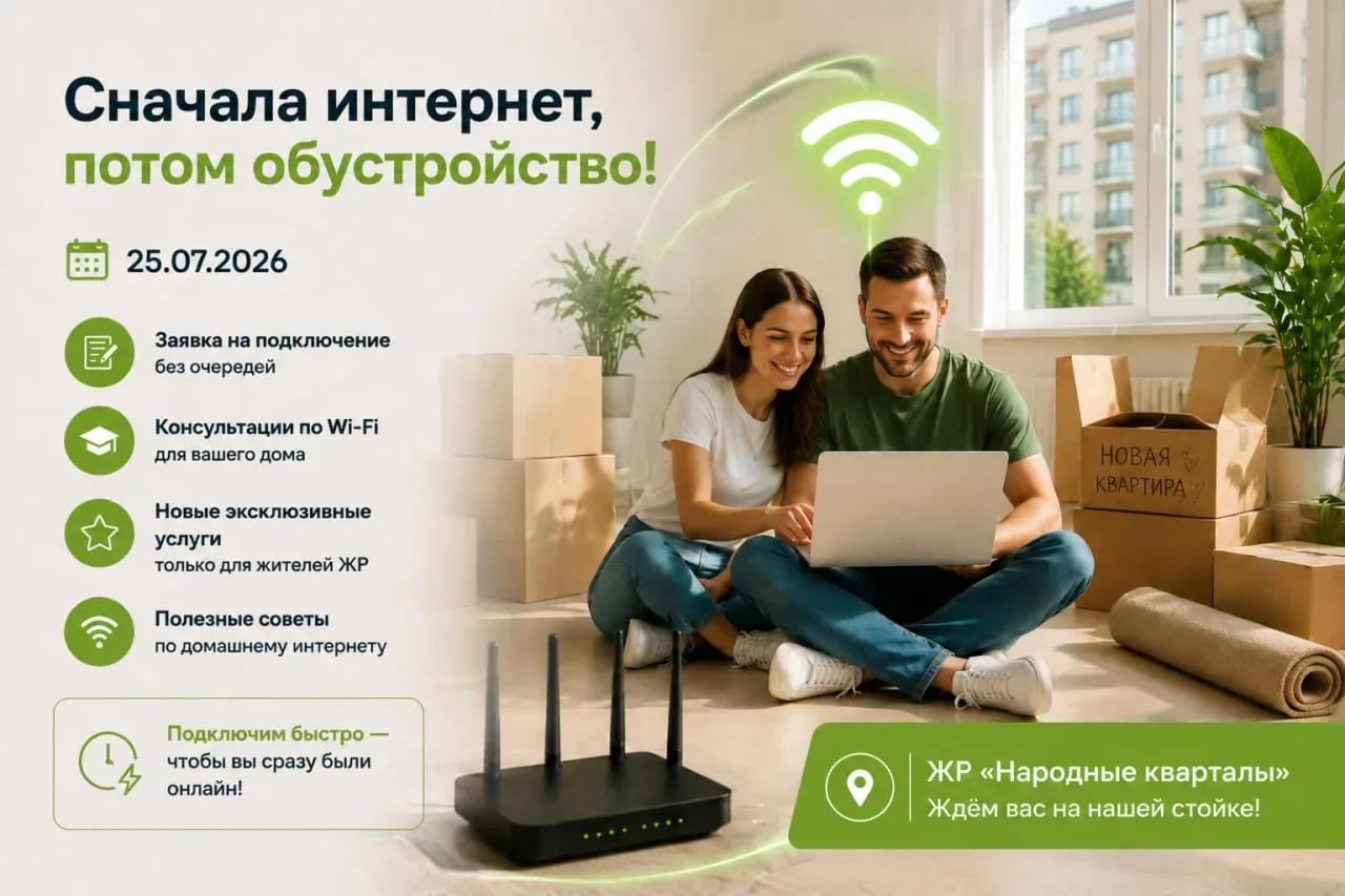 Сначала интернет, потом обустройство!
25 июля 2026 года команда АВАНТА ТЕЛЕКОМ поздравит новосёлов Ж