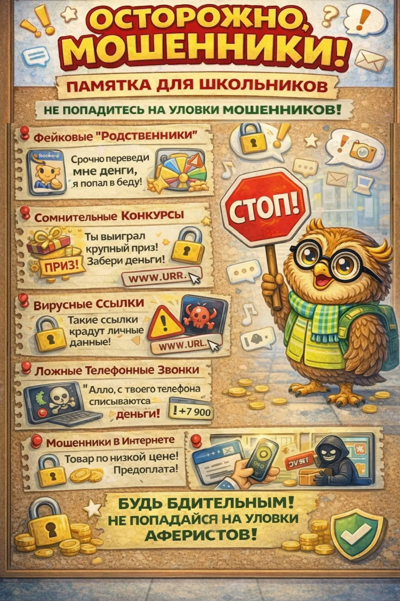 🦉 Привет, друзья! Это ваш школьный совёнок!🦉  Знаете ли вы, как не попасть в ловушки мошенников? Дав