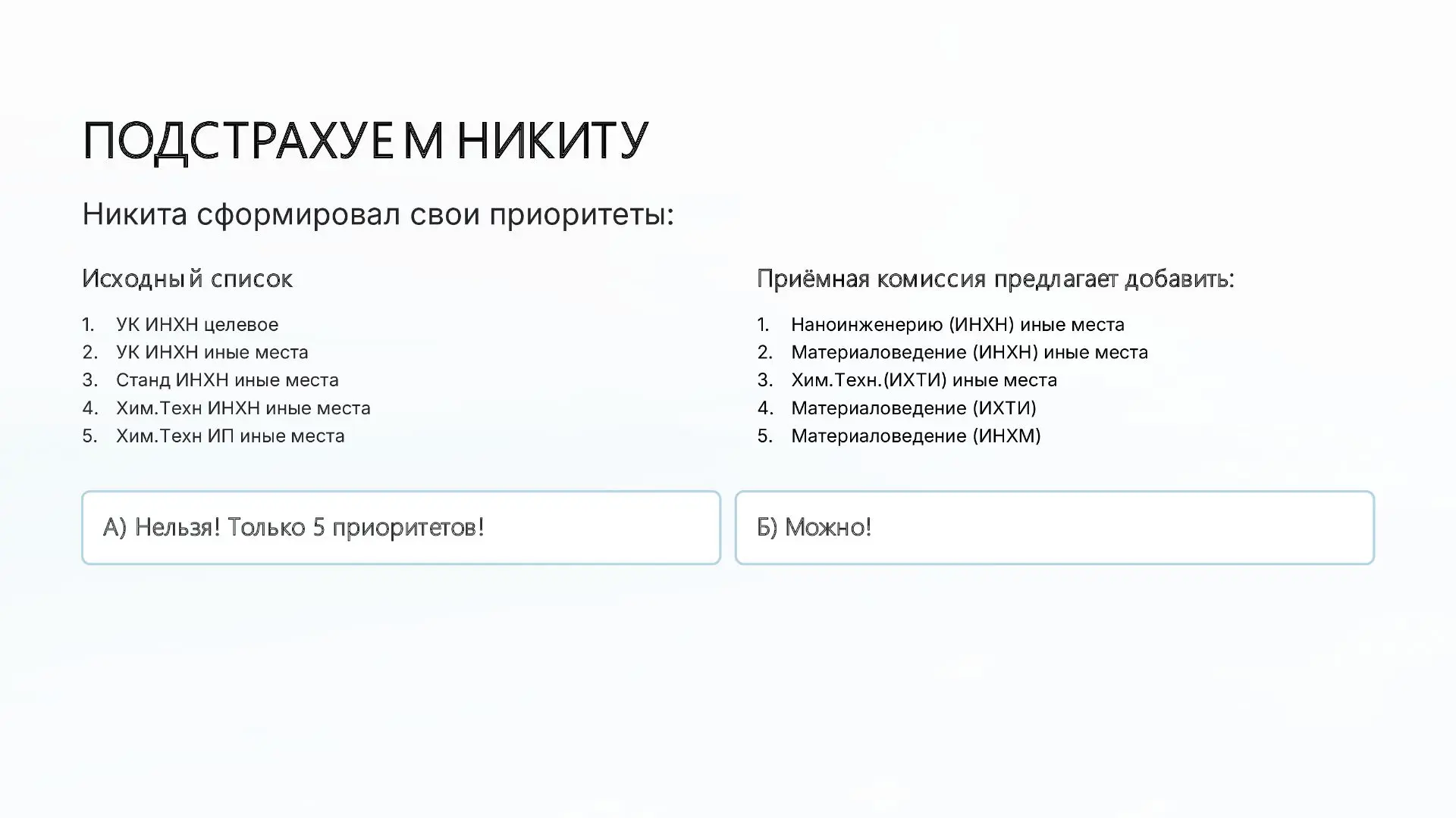 Подстрахуем Никиту? 
Можно ли добавить более 5 приоритетов? 

🛑 - нельзя! Только 5 приоритетов!
❤️ 