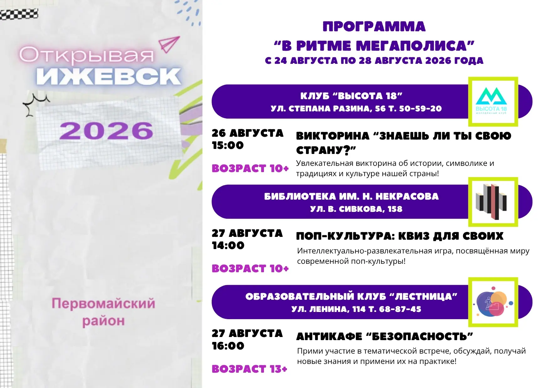 Делимся новыми мероприятиями этой недели городского проекта «Открывая Ижевск. Район отк...