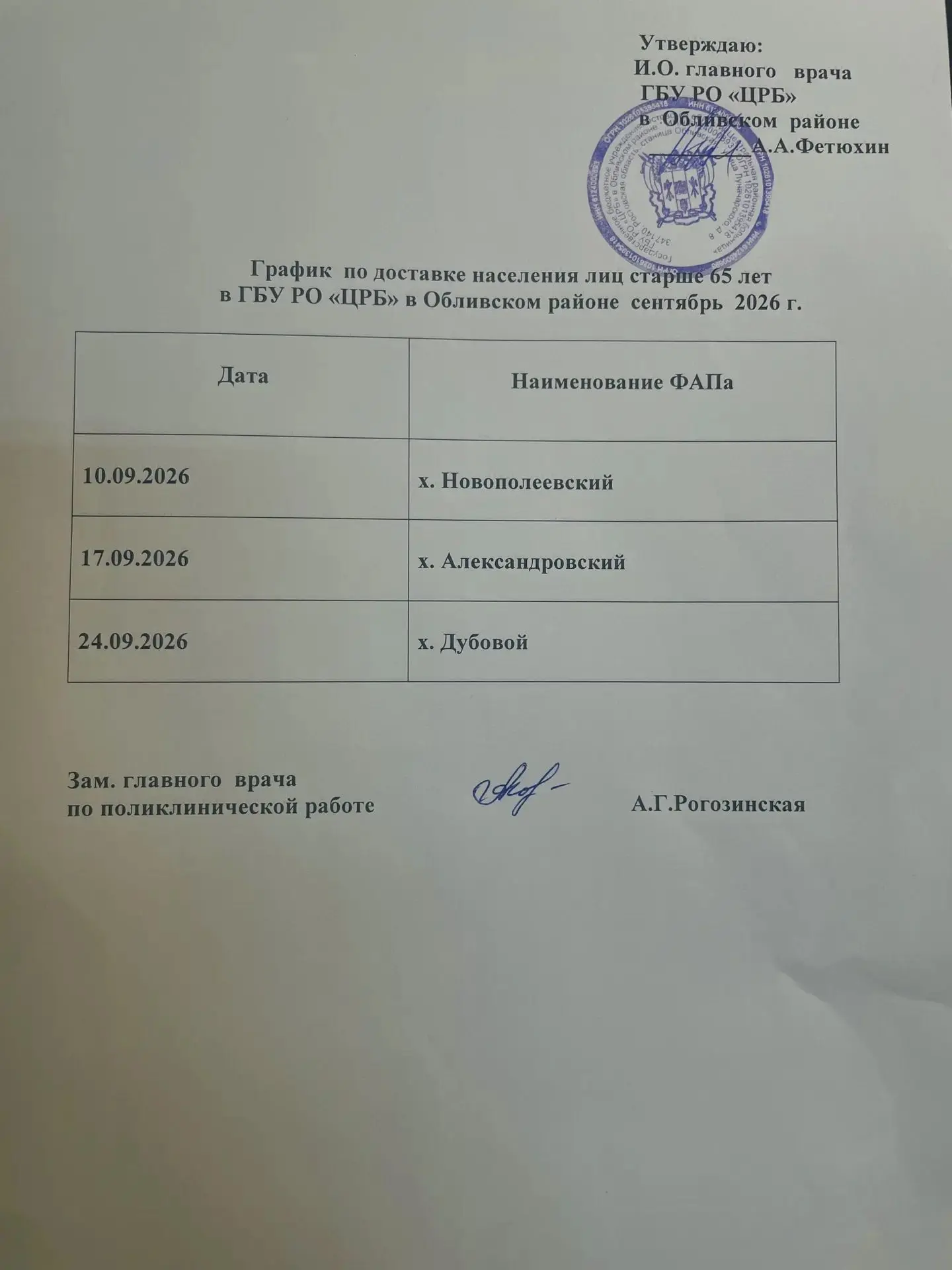ГРАФИК ПО ДОСТАВКЕ НАСЕЛЕНИЯ ЛИЦ СТАРШЕ 65 ЛЕТ В ГБУ РО «ЦРБ» В ОБЛИВСКОМ РАЙОНЕ НА СЕН...